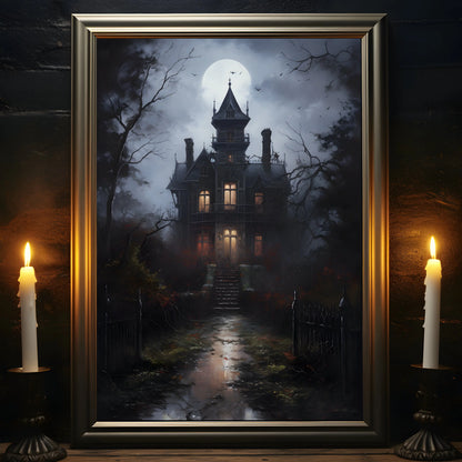 Retro Spooky Haunted Mansion Print, Canvas Painting, Halloween-Victorian Home Decor