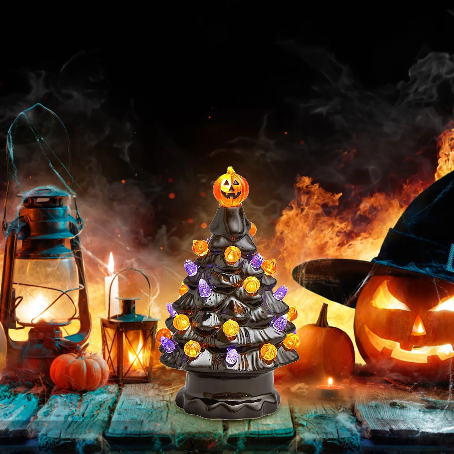 Halloween-Pumpkins Ceramic LED Tree, Lighted Table Centerpiece