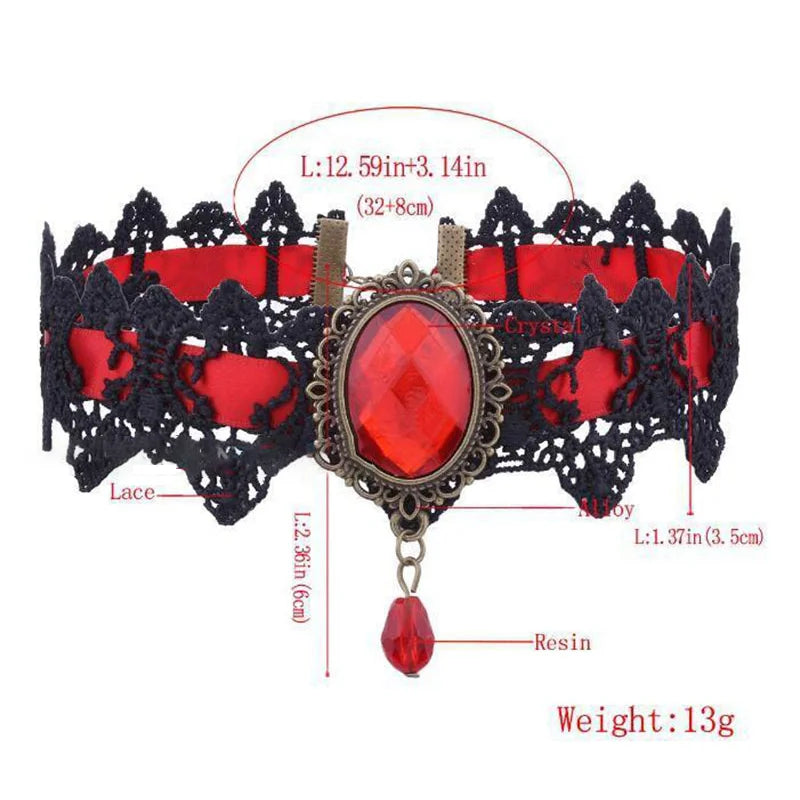 Victorian Black Lace Crystal Jewel Necklace-Choker, Steampunk-Gothic, Costume