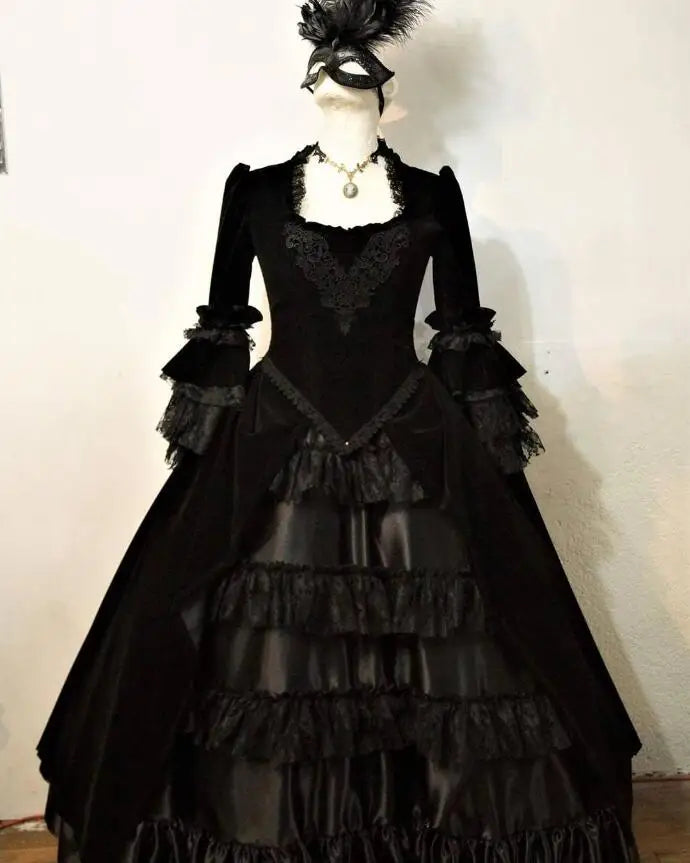 Elegant Victorian Lace and Ruffle Accented Ball Gown for Events or Costume