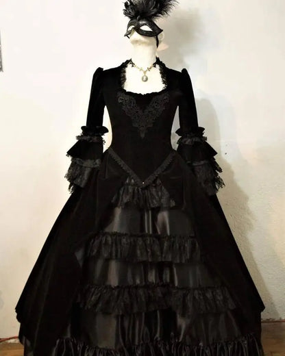 Elegant Victorian Lace and Ruffle Accented Ball Gown for Events or Costume
