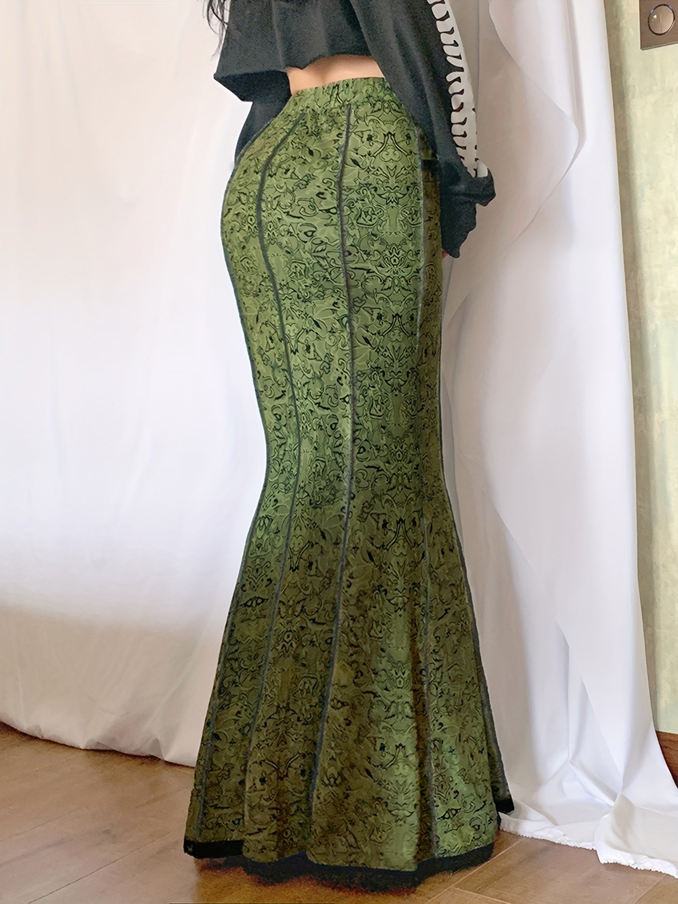 Graphic Print Lace Trim Mermaid Skirt, Elegant Slim Bodycon Skirt For Spring & Fall, Women's Clothing