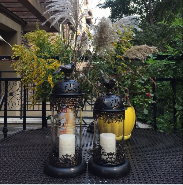 Vintage-style Metal and Glass Candle Holder- Iron Scrollwork/Birds Design