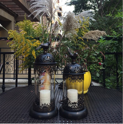 Vintage-style Metal and Glass Candle Holder- Iron Scrollwork/Birds Design