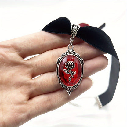 Dark Red Rose Cameo Necklace-Choker, Black Velvet Victorian Jewelry