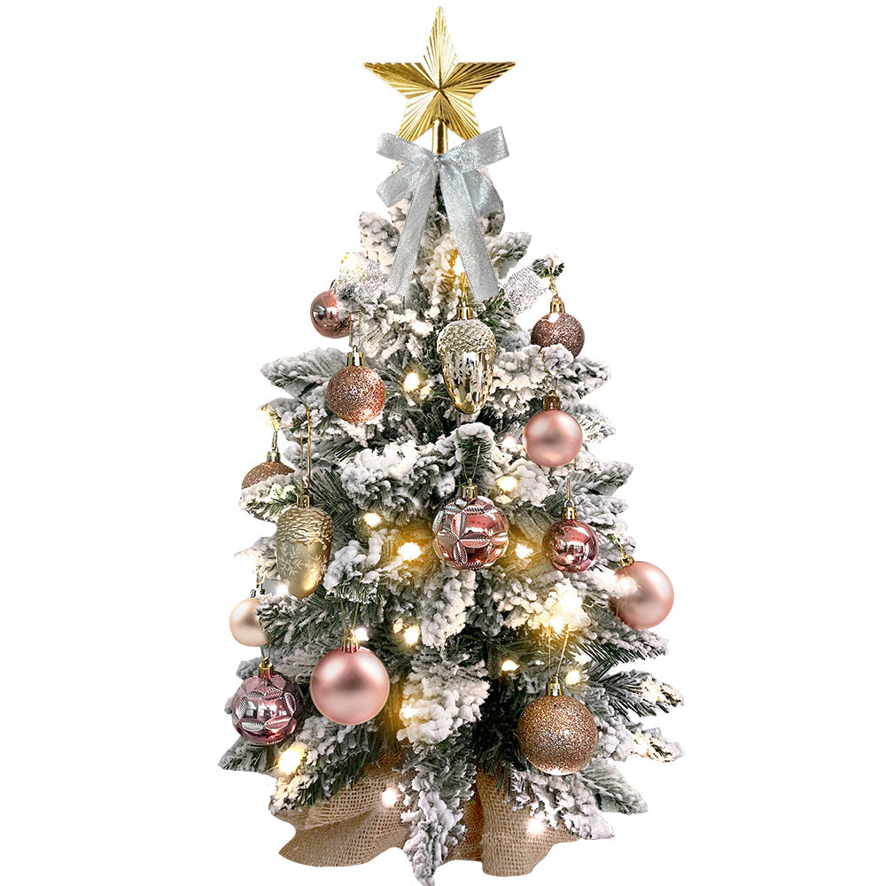 2ft Mini Flocked Christmas Tree With Lights & Ornaments. Gold & Rose Gold