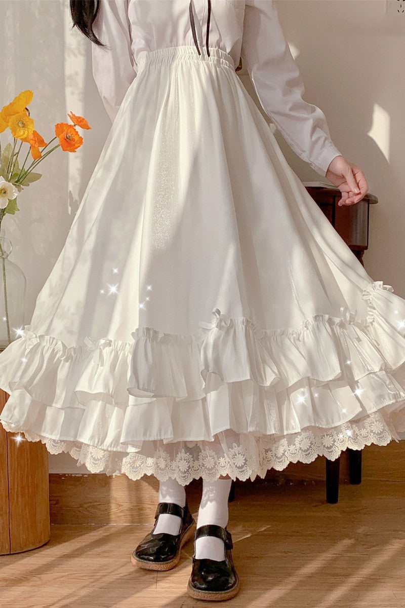 Mid-length Petticoat Ruffled Skirt White