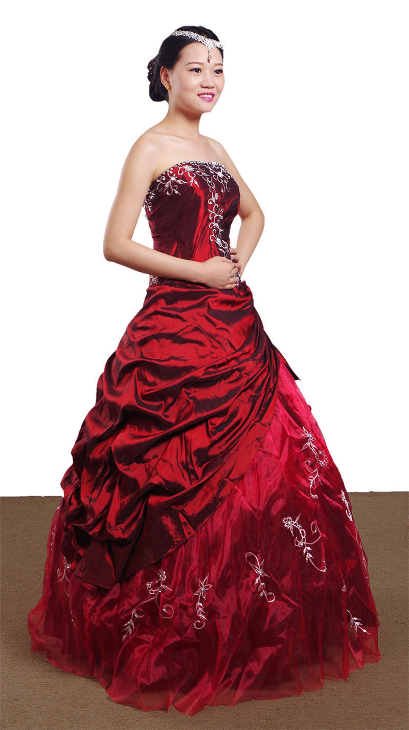 Ruby Red Ball Gown, Formal Dress, Handmade, Silver Embroidered, Taffeta, Victorian, Luxurious