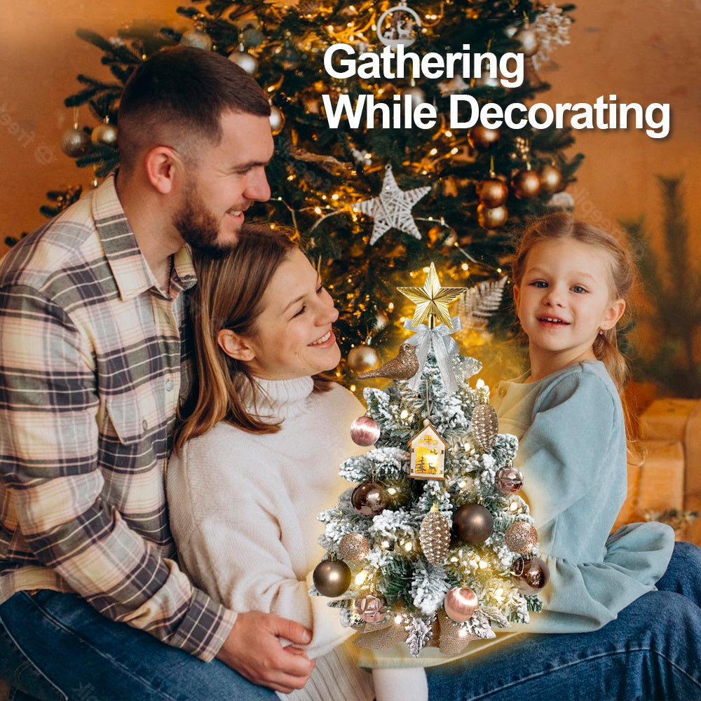 2ft Mini Flocked Christmas Tree With Lights & Ornaments. Woodland-Bronze-Dusty Rose