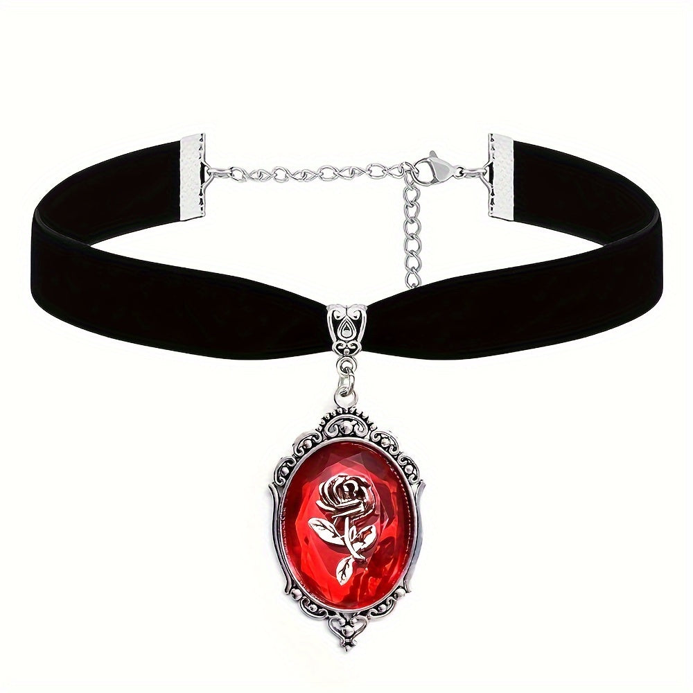 Dark Red Rose Cameo Necklace-Choker, Black Velvet Victorian Jewelry