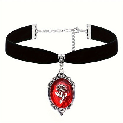Dark Red Rose Cameo Necklace-Choker, Black Velvet Victorian Jewelry