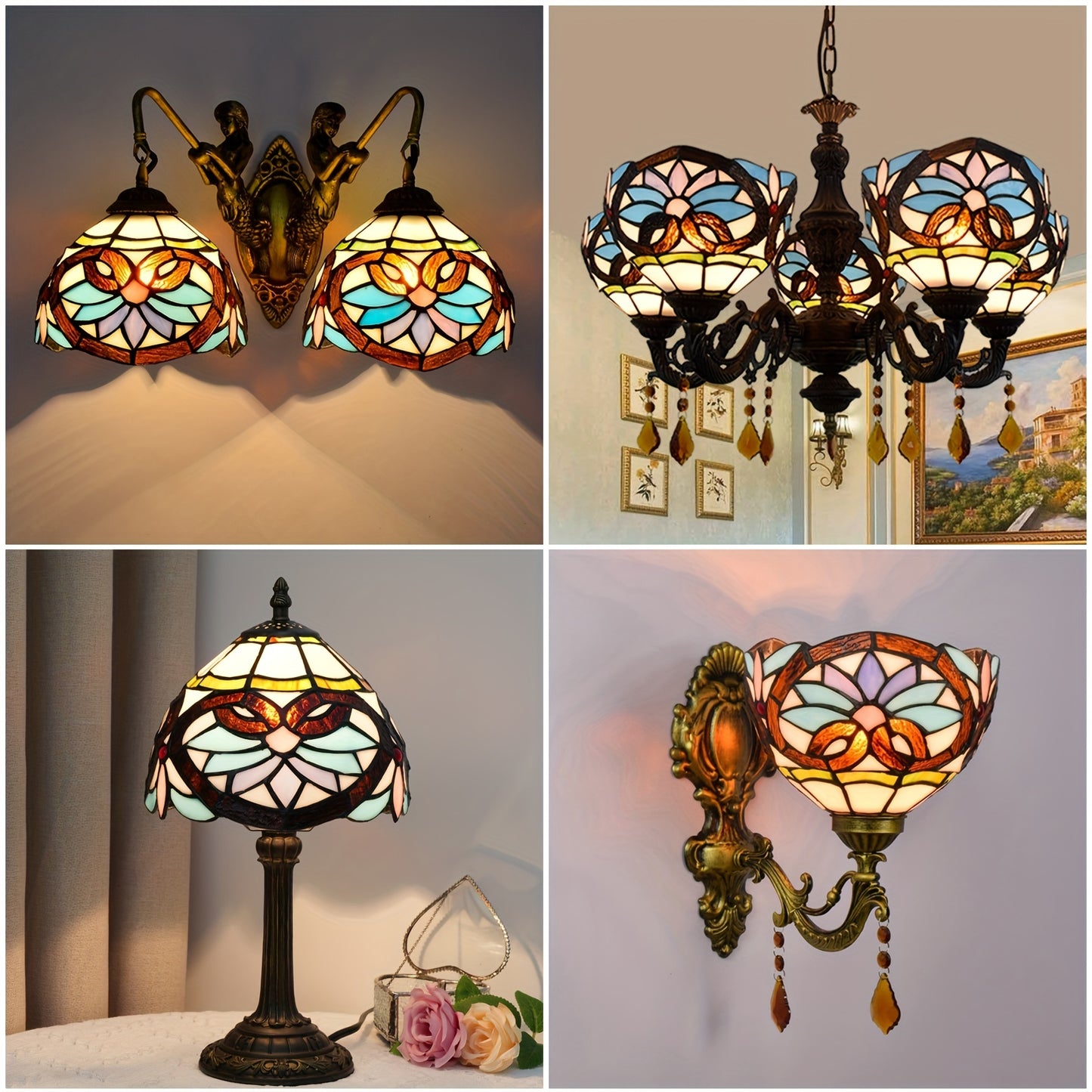 Victorian Stained Glass Lampshade for Baroque Lamp, Chandelier Ceiling Fixture - 8 Inches