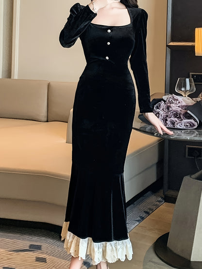 Elegant Contrast Lace Bodycon Dress with Square Neck and Long Sleeves for Women